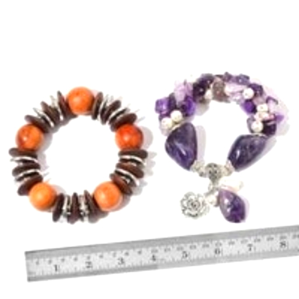 Amethyst and Wood Freshwater Pearl Bracelets
